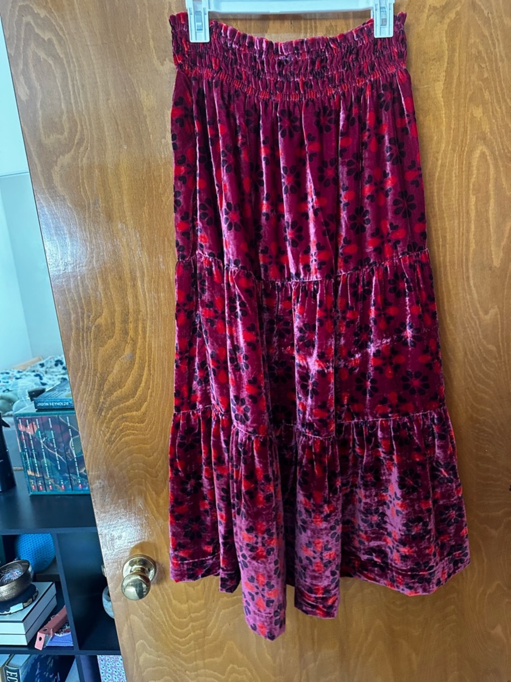 Anthropologie Red Floral Velvet Tiered Maxi Skirt